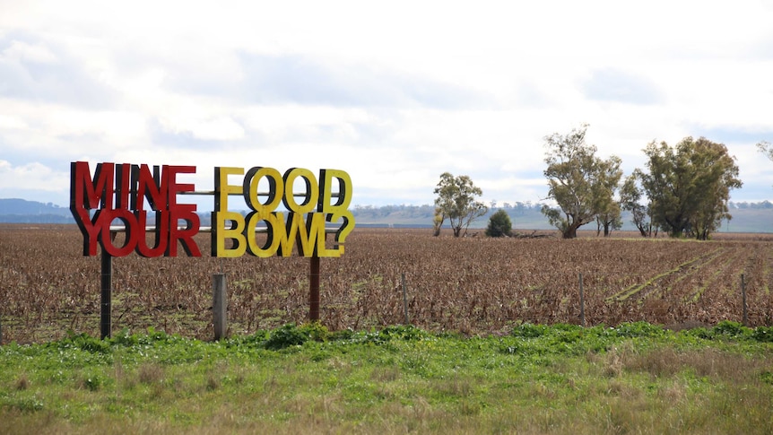 Anti-mining signs on farmland reading 'mine your food bowl' at the Liverpool Plains, northwest NSW.