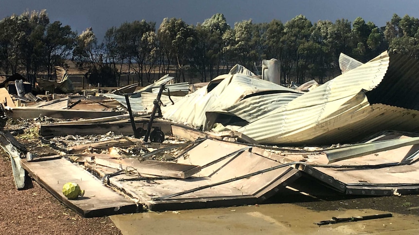 Corrugated iron sheets and debris lie scattered on the ground.