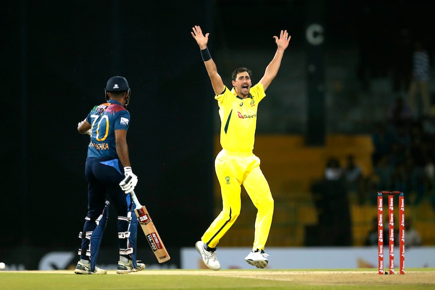 Mitchell Starc dressed in bright yellow jumping up and down on a cricket pitch