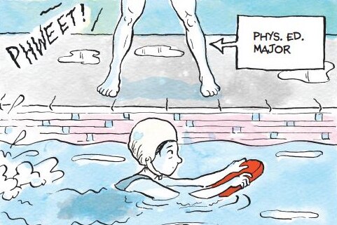 Comic image of girl swimming in pool with kick-board, with text at top: 'No, I was no athlete'.