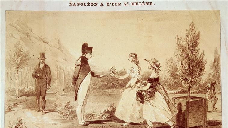 An illustration of Napoleon on the island of St. Helena. Two girls approach him carrying flowers.