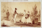 An illustration of Napoleon on the island of St. Helena. Two girls approach him carrying flowers.