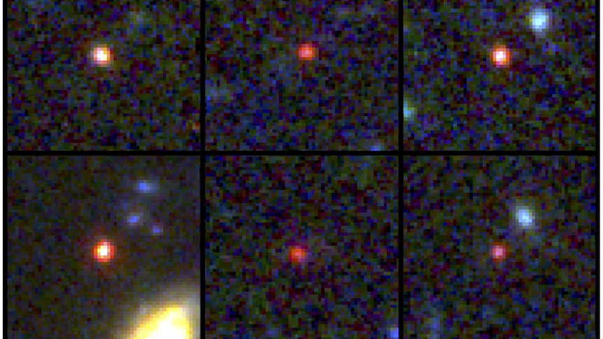 Panel of six red blobs taken by JWST that could be galaxies 