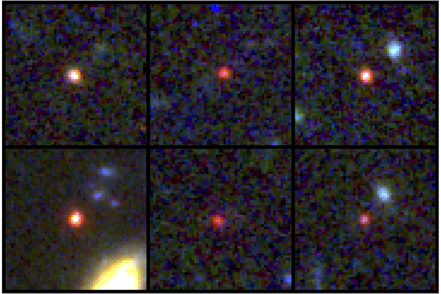 Panel of six red blobs taken by JWST that could be galaxies 