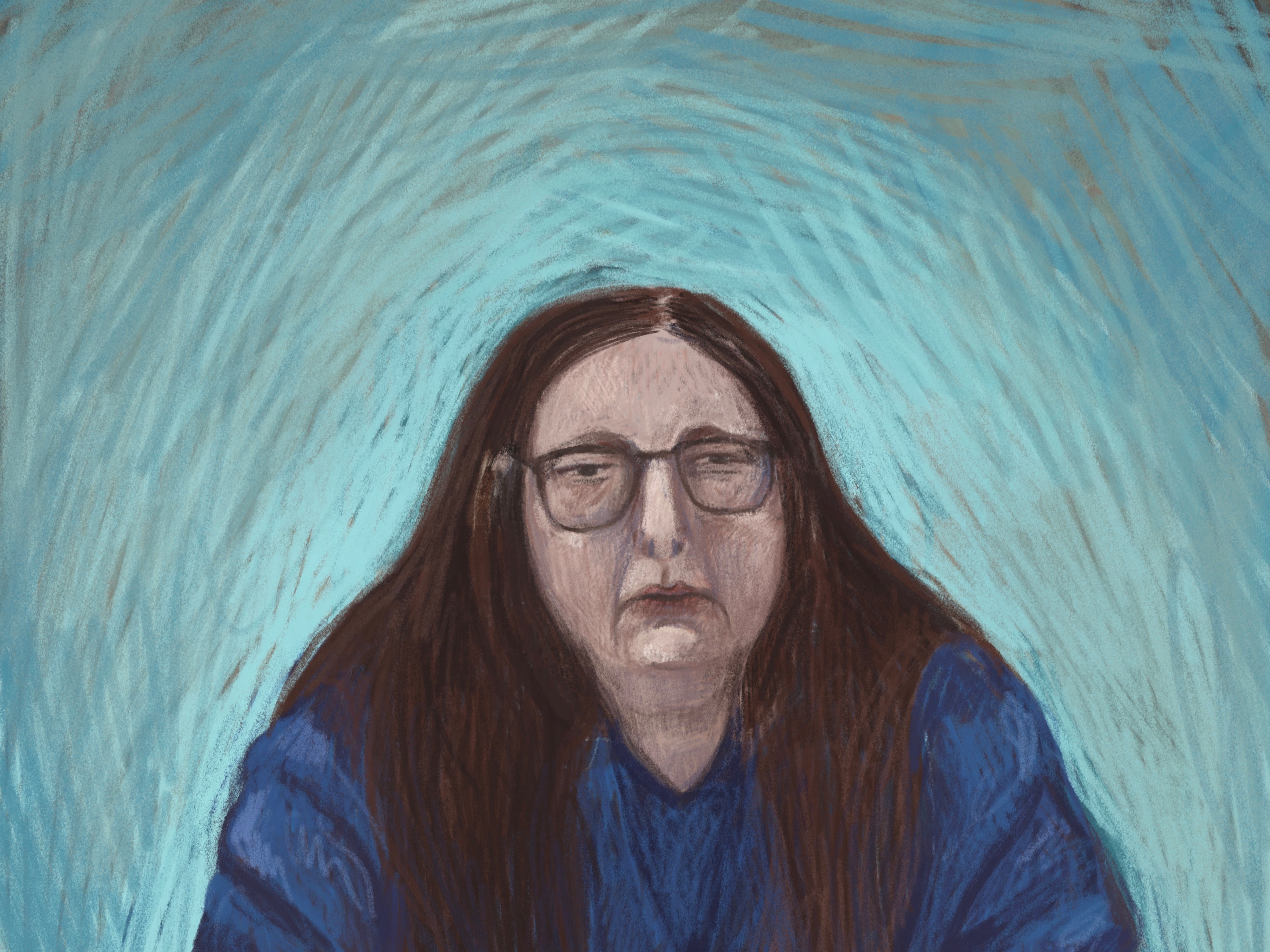 A stylised court sketch of Erin Patterson in front of a blue background