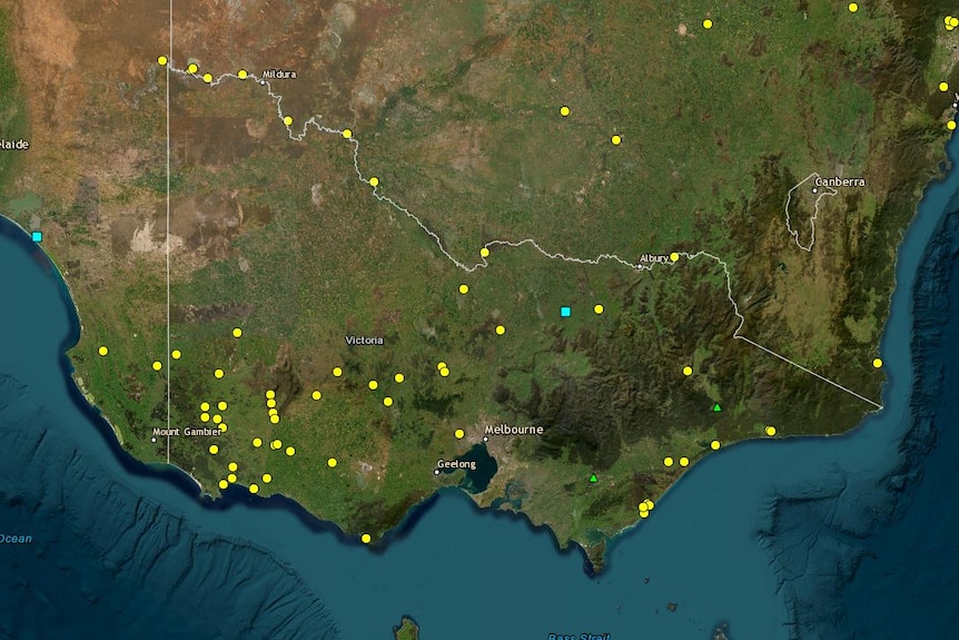 A map shows yellow dots across Victoria, as well as one blue dot and two green ones.