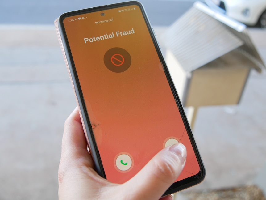 A "potential fraud" alert on a mobile phone screen.