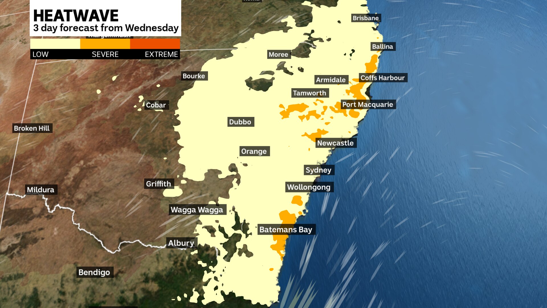 A map of NSW and parts of Victoria and Queensland showing which regions will be most affected by the heatwave.