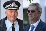 A split image of a policeman, in police uniform and hat, on the left, and a suited man wearing sunglasses on the right.