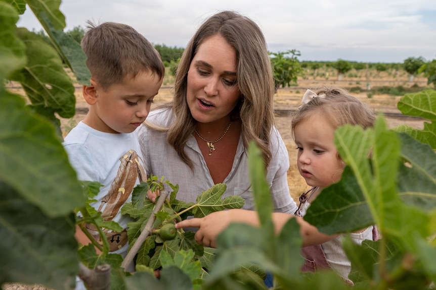 A woman crouches near a tree with two toddlers 