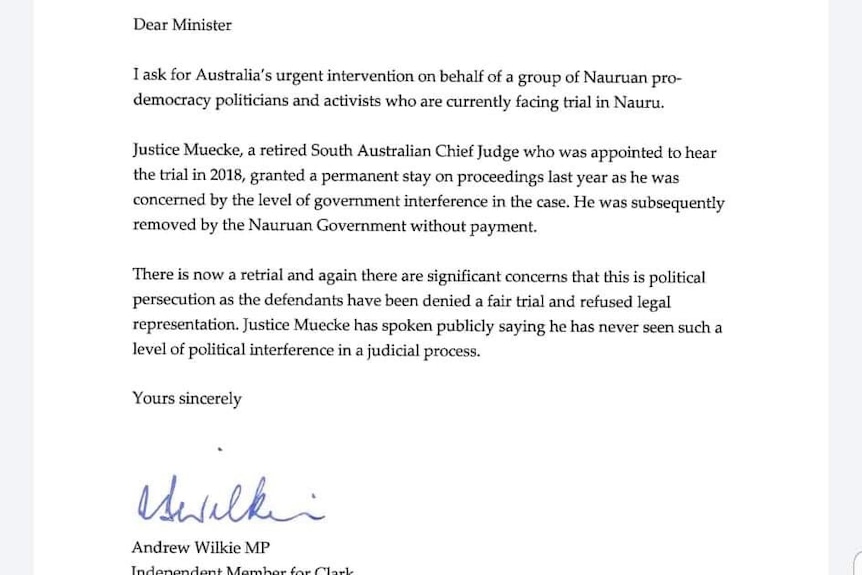 A scanned image of a parliamentary letter from Andrew Wilkie addressed to Marise Payne.