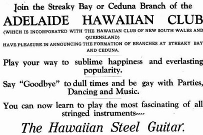 Black and white newspaper ad with headline, 'Join the Ceduna or Streaky Bay Branch of the Adelaide Hawaiian Club'.