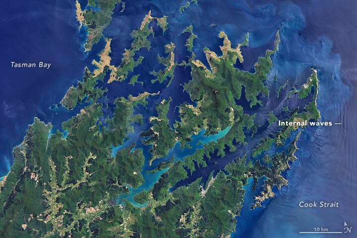 A marked image showing internal waves off New Zealand's South Island.