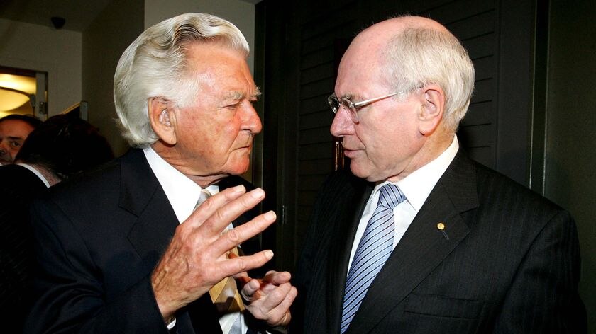 Former prime ministers Bob Hawke and John Howard