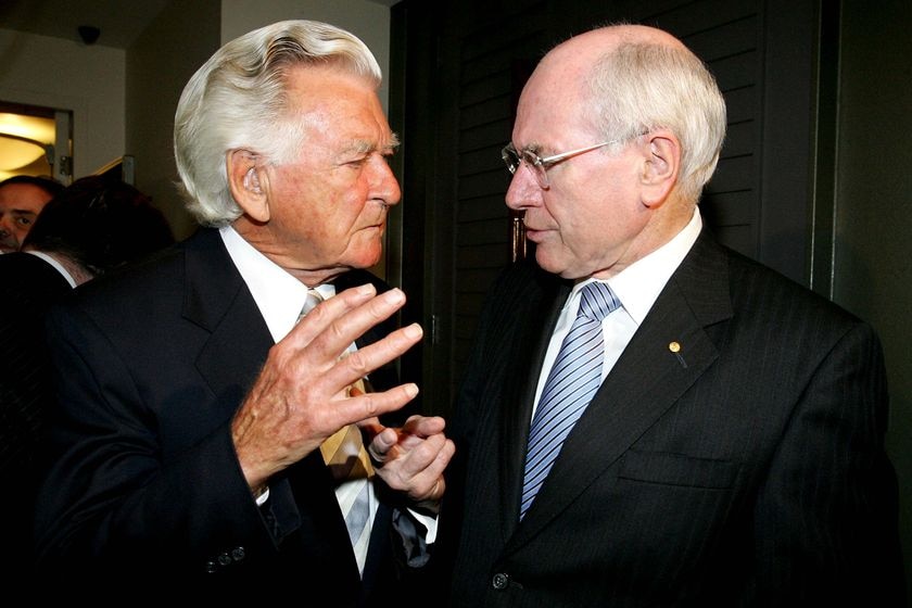 Former prime ministers Bob Hawke and John Howard