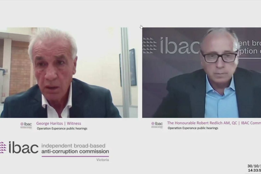 Transclean co-owner George Haritos and IBAC commissioner Robert Redlich QC appear side by side in separate webcam feeds.