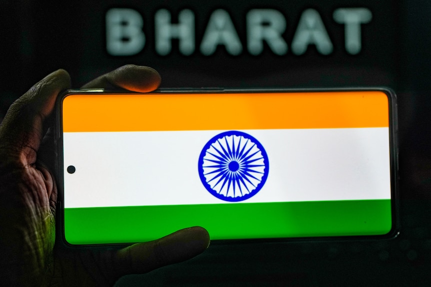 Indian Flag and ''Bharat'' Name seen in the mobile phone.