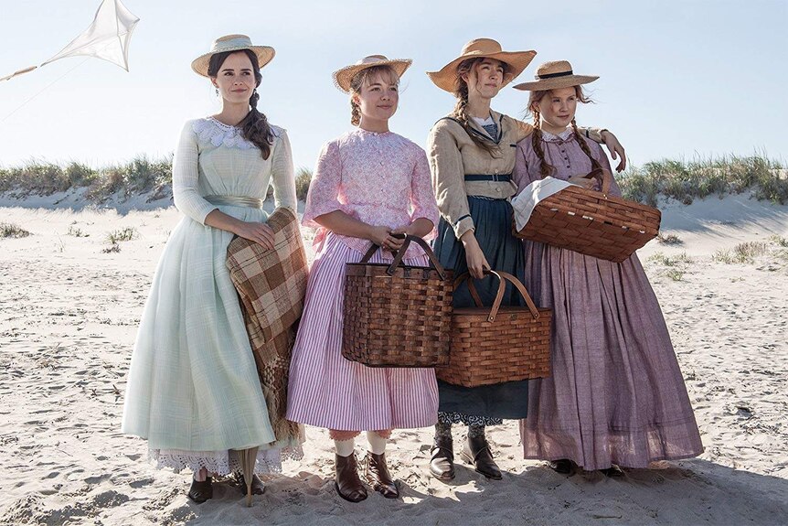 Emma Watson, Florence Pugh, Saoirse Ronan and Eliza Scanlan, dressed in old-fashioned dresses
