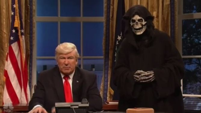 Alec Baldwin portrays Donald Trump on Saturday Night Live, alongside a Grim Reaper Steve Bannon.