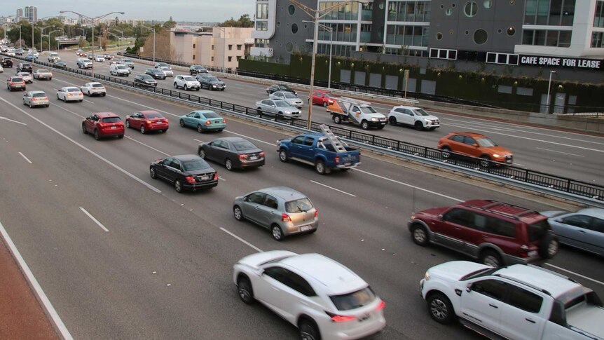 Traffic banks up on a freeway in Perth