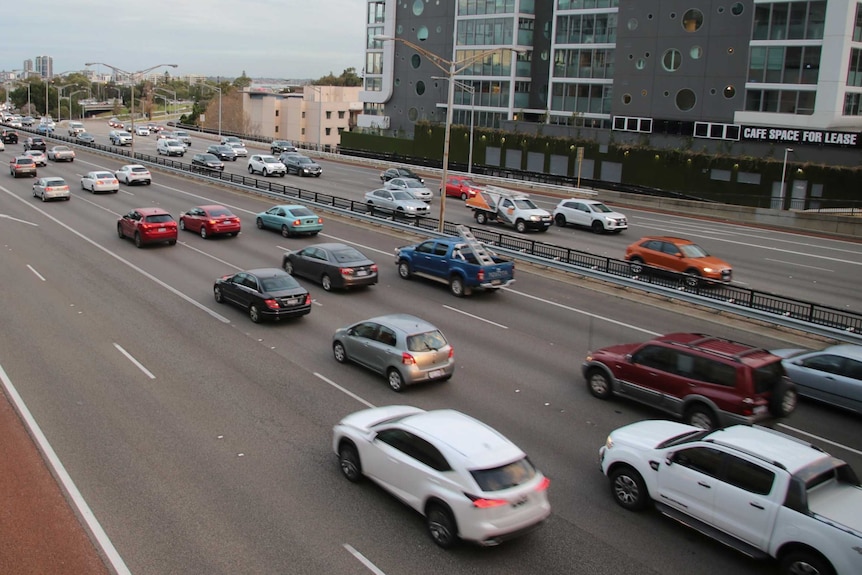 Traffic banks up on a freeway in Perth