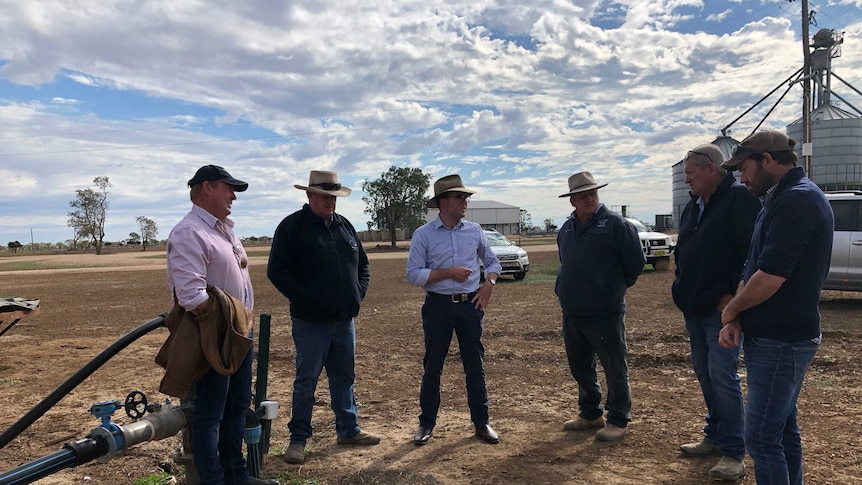 New South Wales Agriculture Minister Adam Marshall standing and talking to farmers in the state's north west