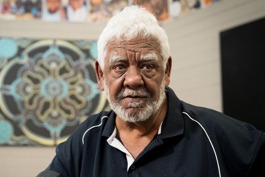 A man with white hair and facial hair looks seriously at the camera. Behind him is an Indigenous print.