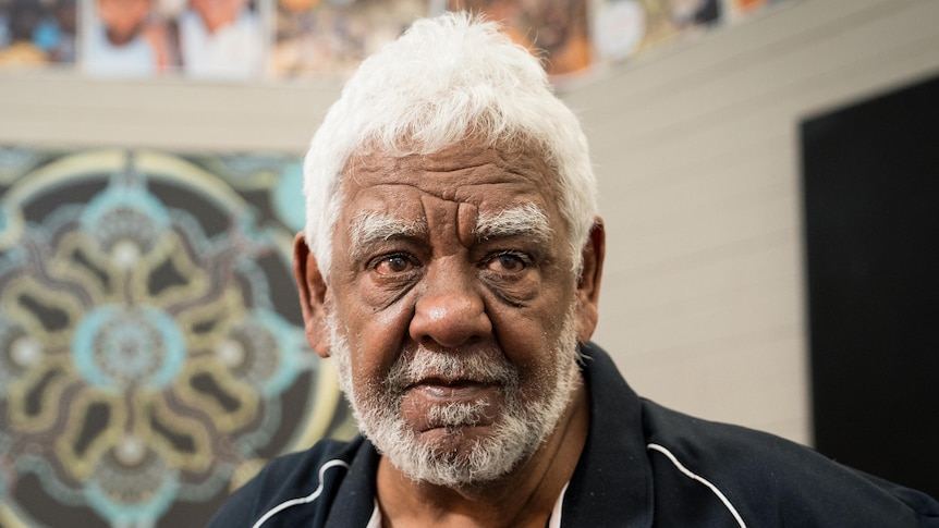 A man with white hair and facial hair looks seriously at the camera. Behind him is an Indigenous print.