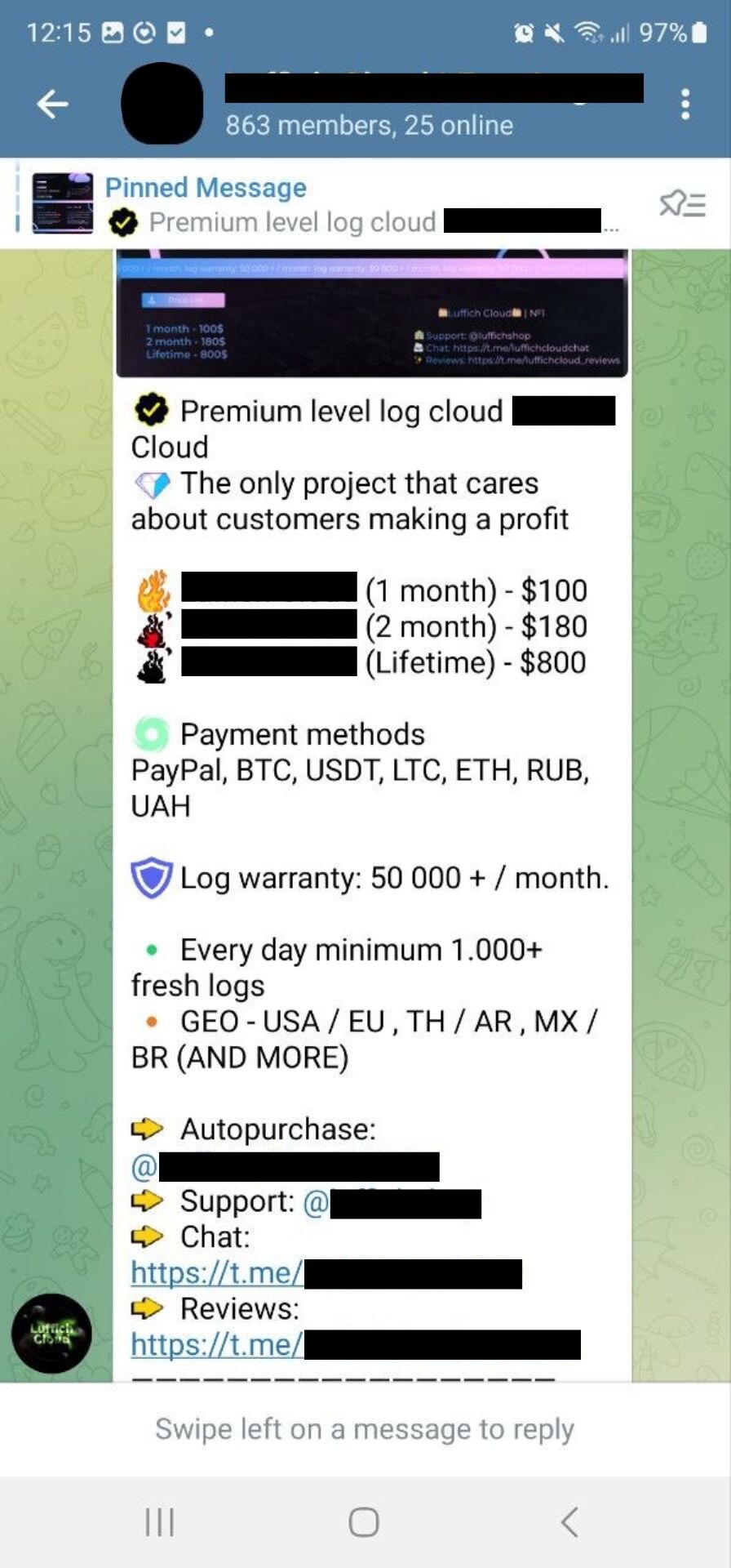 A Telegram ad for different levels of membership to sign up for "logs" of stolen data.