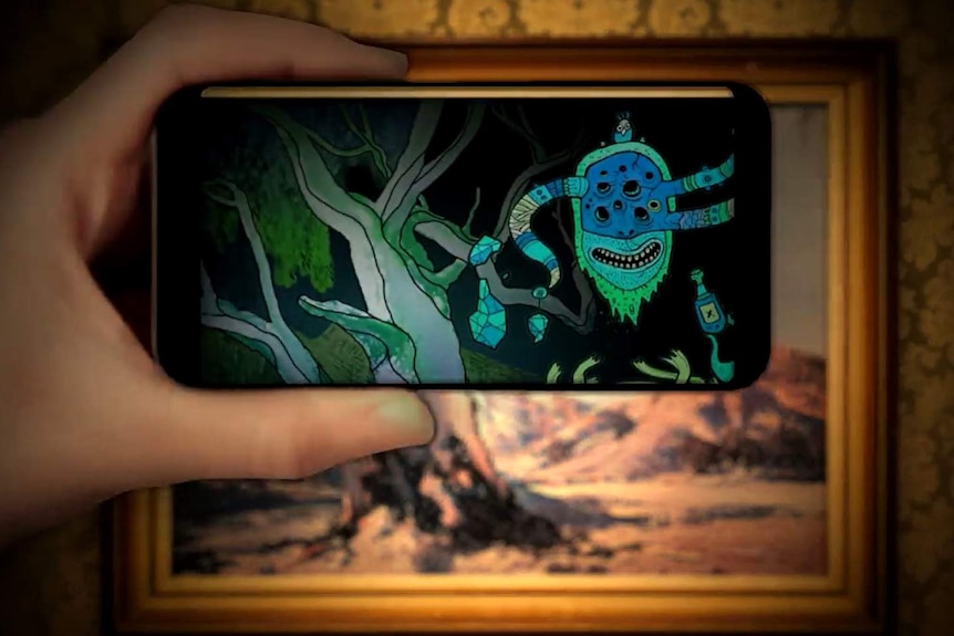 A smart phone is held over a landscape painting and to reveal a cartoonish drawing on its screen
