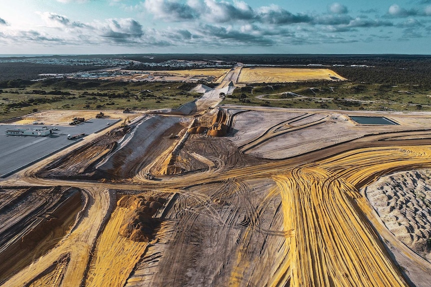 An aerial shot of construction of the future Alkimos station, as part of the Yanchep rail extension.