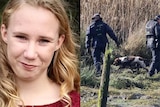 Composite image of young girl and police members and a search dog.