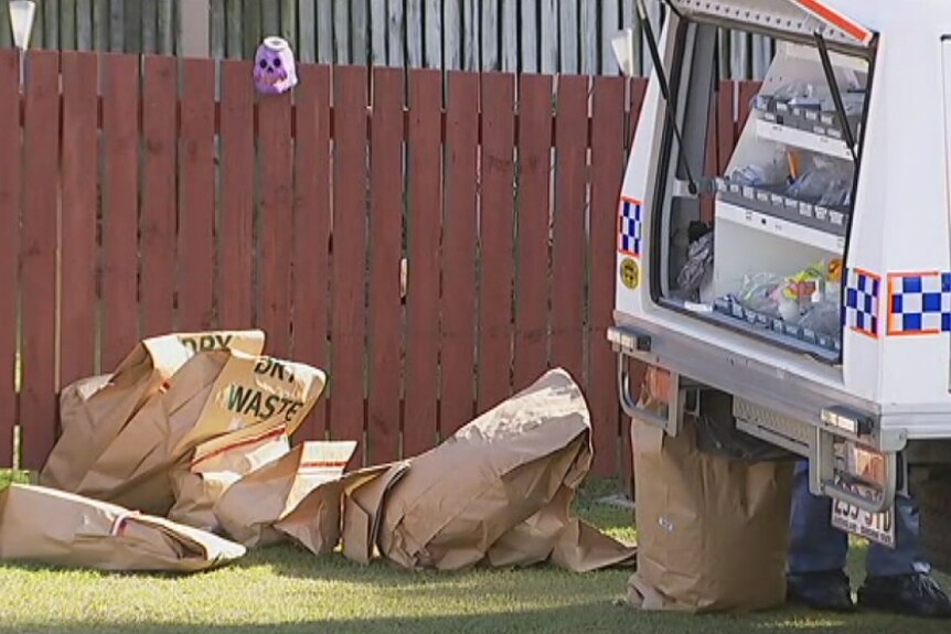 TV still of evidence bags taken from the Caboolture home where a 19-month-old boy died in suspicious circumstances.