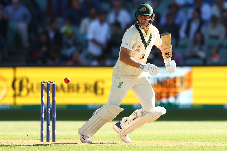 Marnus Labuschagne  watches a shot against West Indies in the day-night Test in Adelaide.