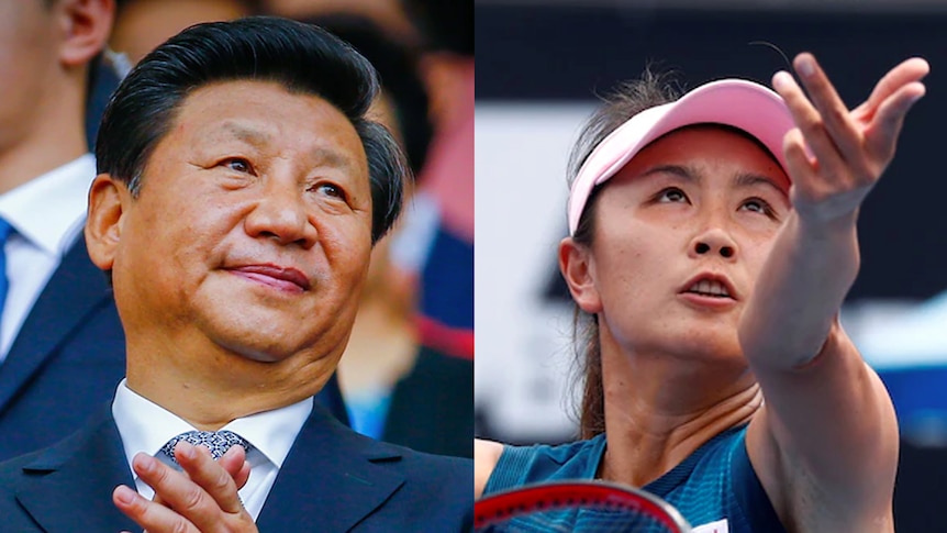 Side by side photos of Chinese President Xi Jinping clapping and tennis player Peng Shuai mid-serve
