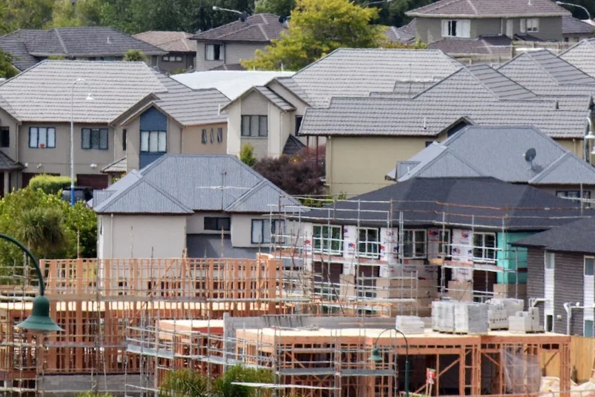 Townhouses under construction in a suburb.