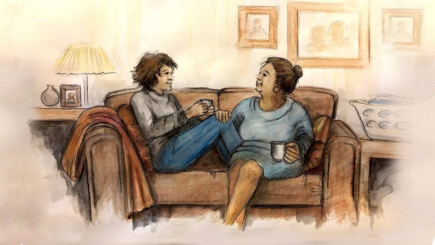 A drawing of a daughter and a mother sitting on a couch.