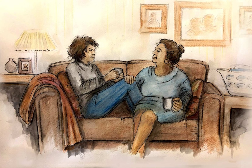 A drawing of a daughter and a mother sitting on a couch.