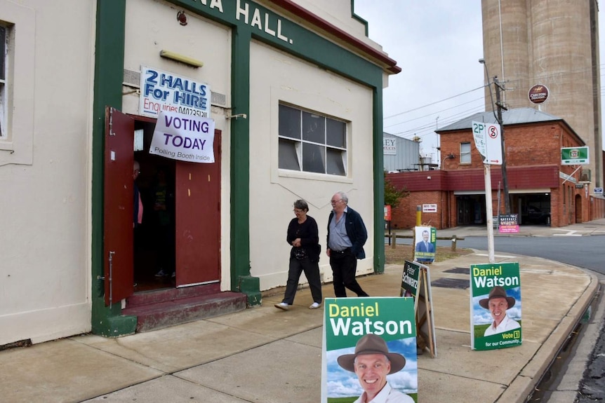 Shepparton locals head into a polling booth for the National Party's community preselection in Mooroopna.