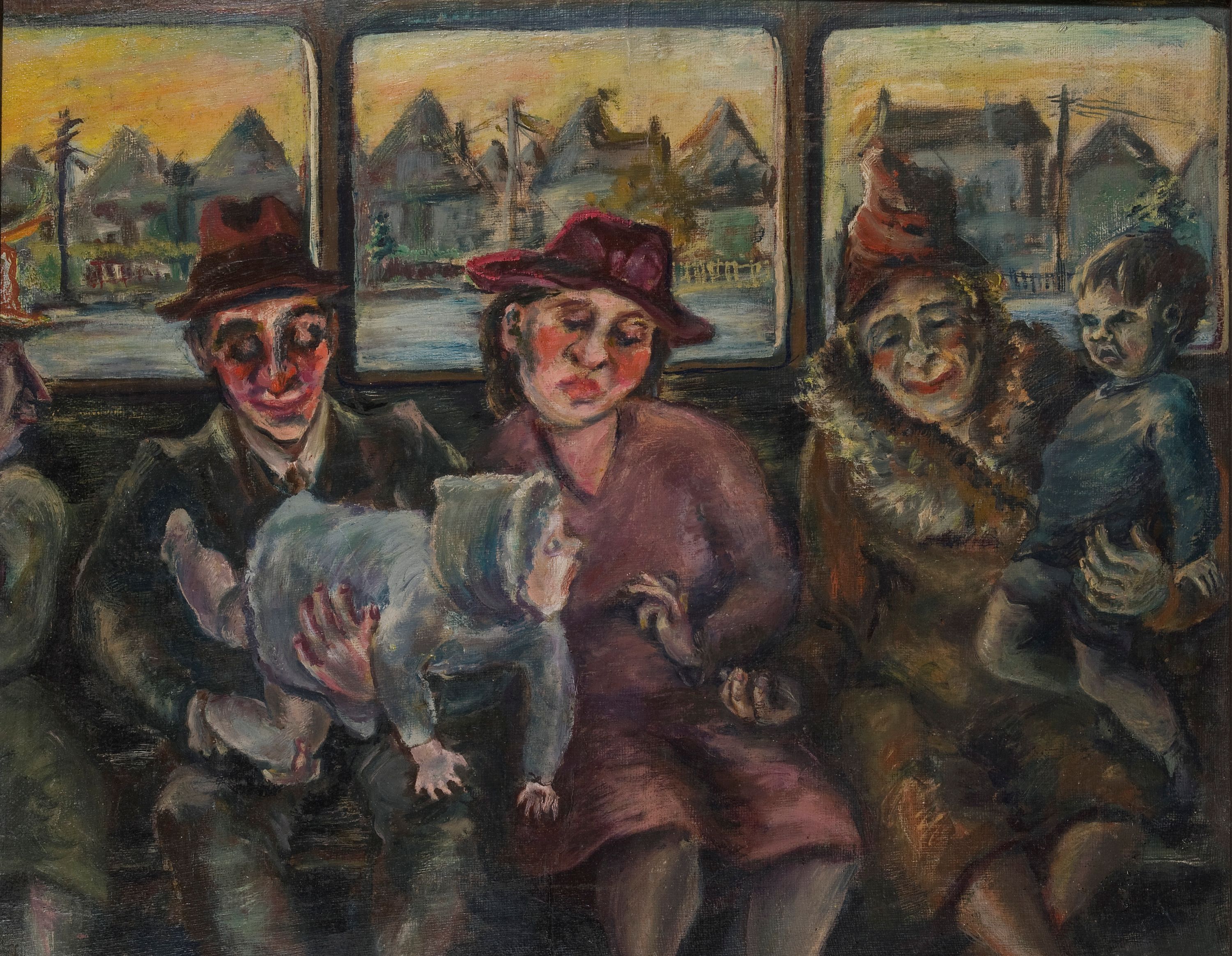 Uma pintura de três adultos num bonde, incluindo uma senhora idosa. Eles têm dois filhos nos braços e feições exageradas.