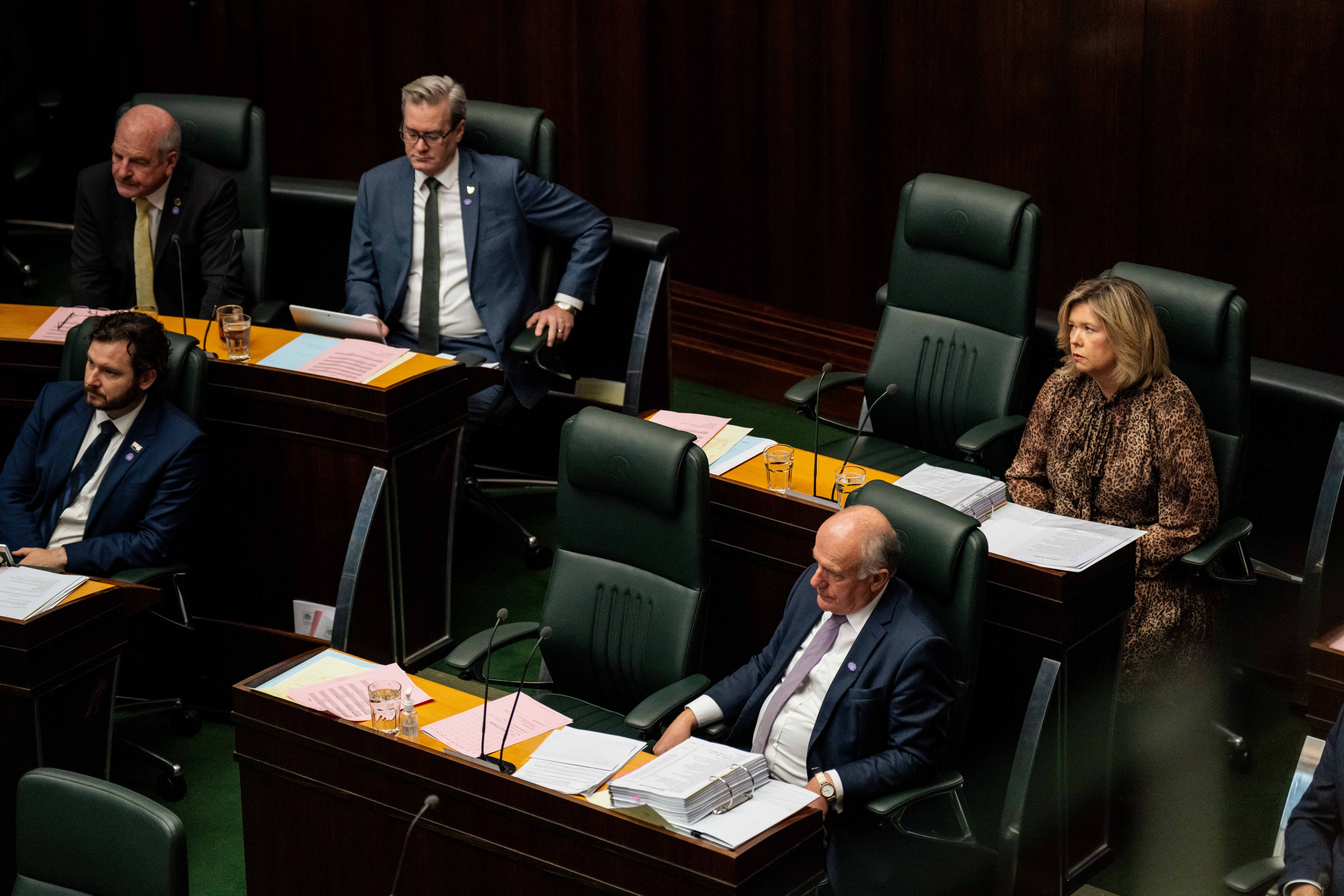 A group of men and women dressed formally sit in green chairs in parliament, two chairs are unoccupied