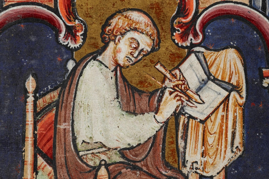 A 12th century painting of an English monk writing in a book
