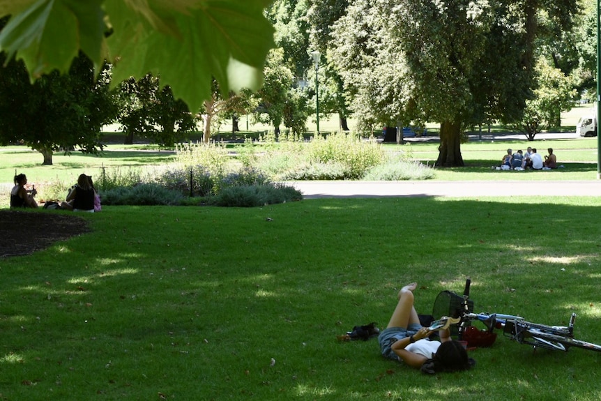 Melburnians take cover under the shade as temperatures reached the high thirties in the city's centre.