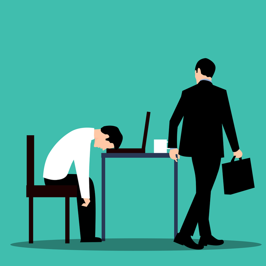 illustration of employee with head down on laptop and manager looking at them