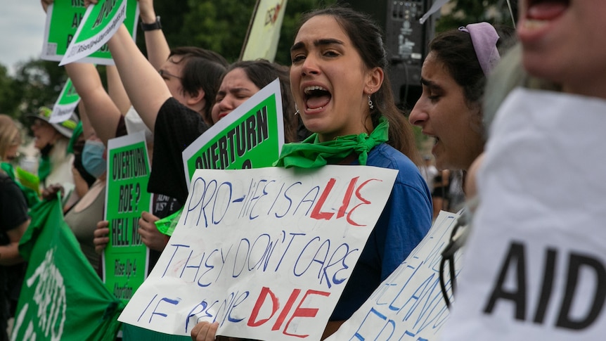 A crowd of people carrying placards protest