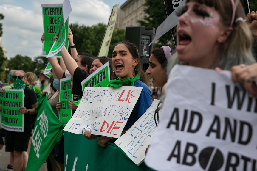 A crowd of people carrying placards protest