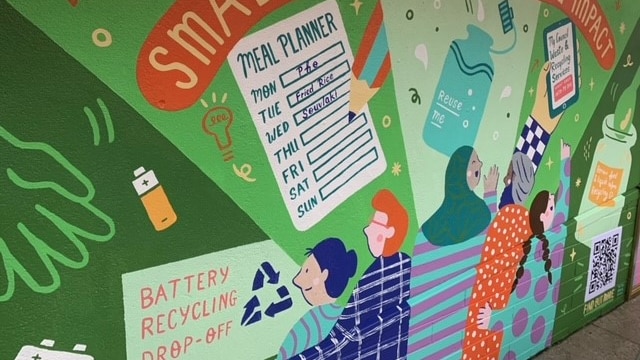 Colourful artwork showing people from different cultural backgrounds with tips on recycling and reducing waste.