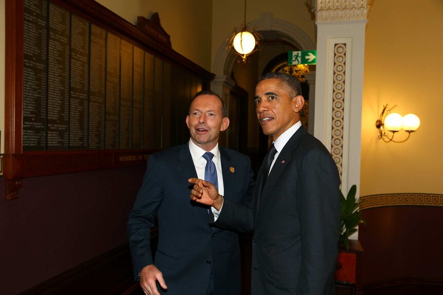 Tony Abbott and Barack Obama at Queensland Parliament House