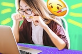 A woman at a laptop biting her pencil with sick emoji face beside her for story about healthcare options