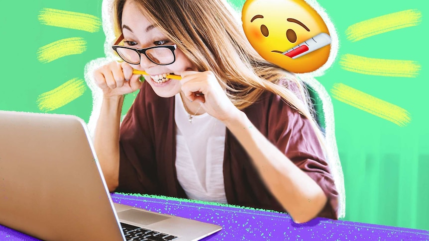 A woman at a laptop biting her pencil with sick emoji face beside her for story about healthcare options